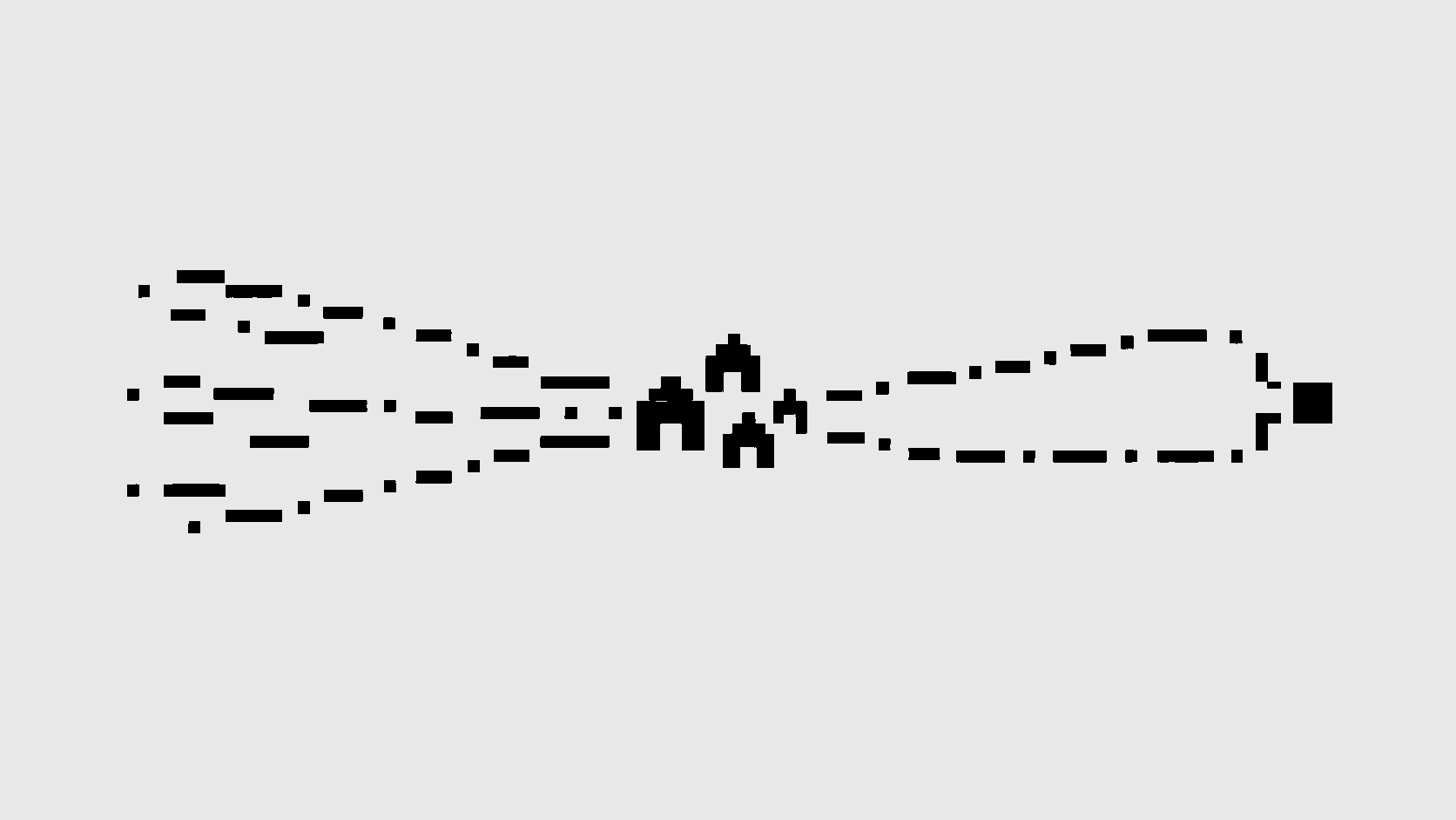 Black pixel-mosaic migration flows converging on dwelling shapes and branching into observed and forecast evaluation paths.